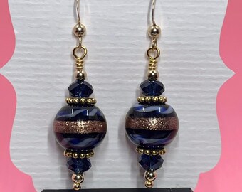 Dark Blue & Gold Lampwork Earrings With Dark Blue Swarovski Crystals