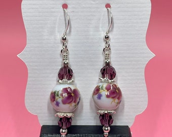 Purple Floral Ceramic Earrings With Purple Swarovski Crystals