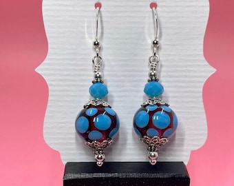 Brown & Turquoise Polka Dot Lampwork Earrings With Turquoise Chinese Crystals