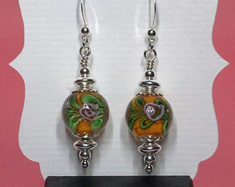 Orange Floral Lampwork and Sterling Silver Earrings