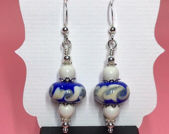 Blue & Ivory Lampwork Earrings With Ivory Swarovski Pearls