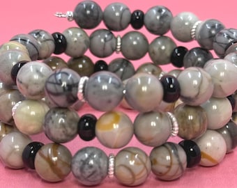 Picasso Jasper and Black Jasper Memory Wire Bracelet