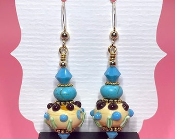 Turquoise Cactus Lampwork Earrings With Turquoise Swarovski Crystals