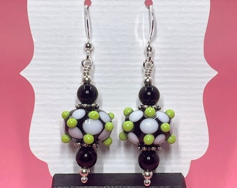 Black Green & White Lampwork Earrings With Black Swarovski Pearls