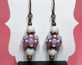 Pink Blue & White Lampwork Earrings With White Agate Beads