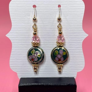 Green Cloisonne Earrings With Pink Swarovski Crystals