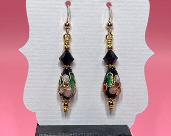 Black Floral Cloisonne Earrings With Black Swarovski Crystals