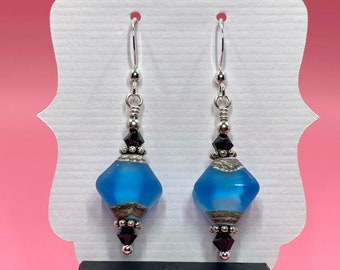 Blue Diamond Shaped Lampwork Earrings With Black Swarovski Crystals, Lampwork Jewelry, Crystal Jewelry, Gifts for Her