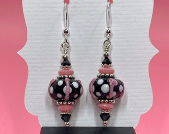 Black Pink & White Polka Dot Lampwork Earrings With Black Swarovski Crystals, Pink Earrings