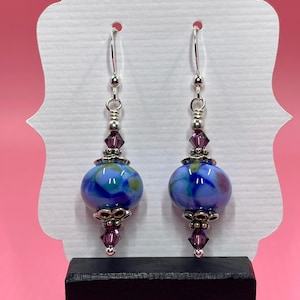 Blue & Purple Lampwork Earrings With Purple Swarovski Crystals
