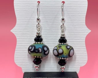 Greenish Blue Spotted Lampwork Earrings With Black Swarovski Crystals, Lampwork Jewelry