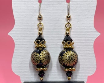 Black and Gold Fan Tensha Earrings With Black Swarovski Crystals