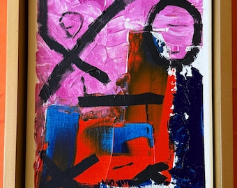Dipinto astratto originale "Incubo" con cornice 8x10 / Opera d'arte moderna espressionista da parete / Opera d'arte contemporanea rosa, blu e arancione