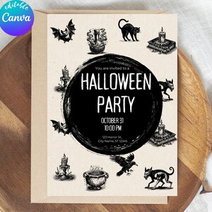 Peut inclure: Invitation pour une fête d'Halloween avec un design noir et blanc. L'invitation présente des chauves-souris, des chats, des bougies et un chaudron. Le texte indique "Halloween Party" avec la date et l'heure. L'invitation est sur fond crème.