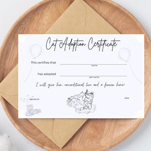 Editable Cat Adoption Certificate Illustrative Minimal Simple Template Canva Printable Cat Adoption Certificate Pet Adoption Certificate v7m