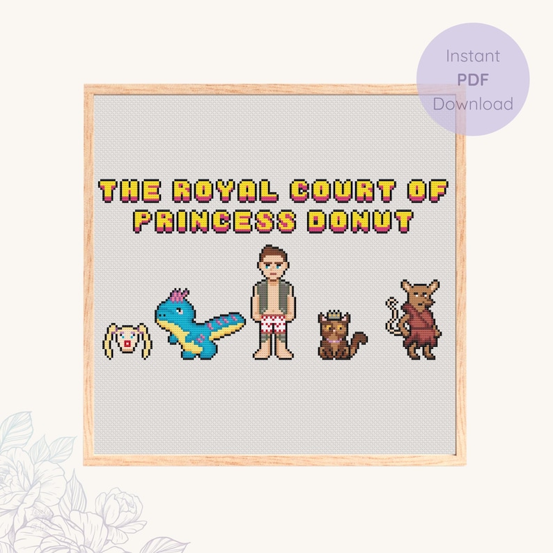 May include: Cross-stitch pattern featuring pixelated characters and the text "THE ROYAL COURT OF PRINCESS DONUT." The design includes a bunny, a blue dinosaur, a person, a cat, and a rodent.