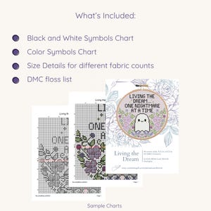 May include: A cross-stitch pattern with the text "LIVING THE DREAM... ONE NIGHTMARE AT A TIME" in a wooden hoop. The image includes sample charts, a DMC floss list, and color and black and white symbol charts. The design features a ghost and floral elements.