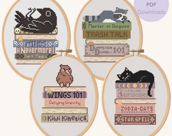 Bookish Animal Cross Stitch Pattern Bundle – PDF Set – Cozy Gothic Whimsical Designs - Beginner Friendly