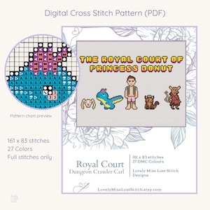 May include: Digital cross stitch pattern featuring the text "THE ROYAL COURT OF PRINCESS DONUT" and pixelated cartoon characters. The pattern includes a preview chart, with dimensions of 161 x 83 stitches and 27 colors. The design is from Lovely Miss Lost Stitch Designs.