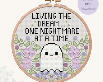 Ghost Cross Stitch Pattern - Funny Quote Instant Download - Spooky Cozy Needlepoint PDF - Beginner Friendly