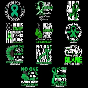 Puede incluir: Una colección de gráficos sobre un fondo negro, cada uno con una cinta verde, el símbolo de la concienciación sobre el cáncer de hígado. El texto incluye frases como "En esta familia, nadie lucha solo" y "Concienciación sobre el cáncer de hígado."