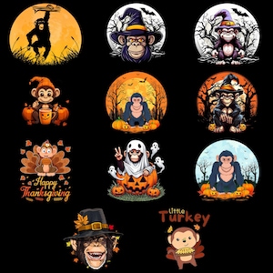 May include: A collection of cartoon monkey illustrations in various Halloween and Thanksgiving themes. Monkeys are depicted in witch hats, ghost costumes, and turkey costumes, with pumpkins, bats, and fall foliage. The background is black.