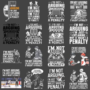 Könnte beinhalten: Eine Sammlung von Hockey-Designs mit dem Satz "Ich diskutiere nicht, ich erkläre nur, warum es kein Strafstoß war." Die Designs zeigen Hockeyspieler, Schiedsrichter und Hockeyausrüstung in Schwarz und Weiß.