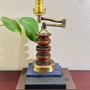 Vintage Wood & Brass Swing Arm Table Lamp: Rustic MCM Desk Light