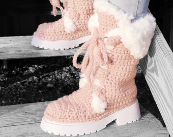 Pink Snow Bunny Boots Crochet Pattern - Lace up - Fur - 3 different options for Soles  - Chunky slippers leg warmers shoes ankle knee high