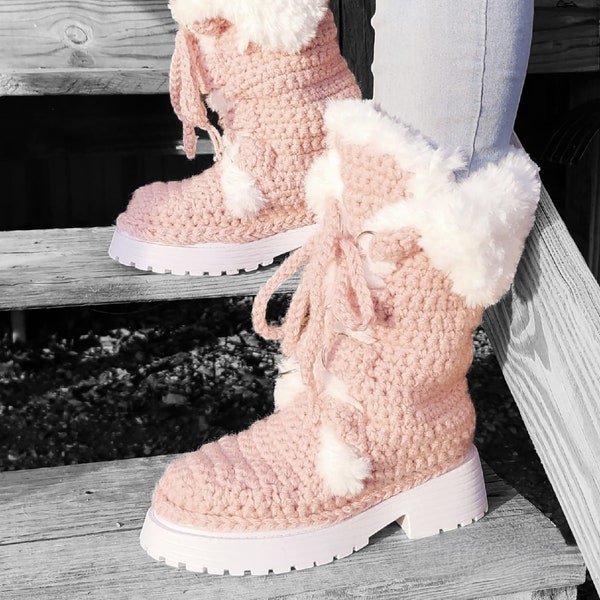 Pink Snow Bunny Boots Crochet Pattern - Lace up - Fur - 3 different options for Soles  - Chunky slippers leg warmers shoes ankle knee high