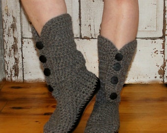 Crochet Boots Pattern-------GRAY BUTTON BOOTS----Street Shoes or Slippers--------Very Easy and works up quickly