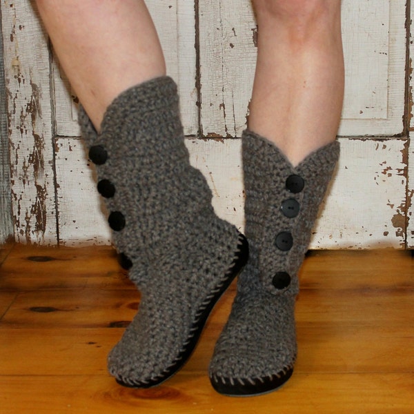 Crochet Boots Pattern-------GRAY BUTTON BOOTS----Street Shoes or Slippers---Newborn through Adult Size 14-----Very Easy and works up quickly