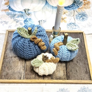 Crochet Pumpkin Pattern - 3 sizes - With Leaves and Tendrils - make them any size - easy cute fun Halloween Fall Decor Rustic Farmhouse