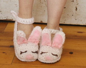 Crochet Shoes Pattern------ ADORABLE BUNNY SLIPPERS-----Adult size small-large----House Shoes or Street Shoes-----Cute Fuzzy Ears and Tail