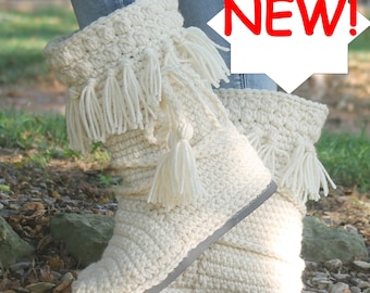 Crochet Boots Pattern-------NEW!  FRINGE MUKLUKS-------- wear them outdoors------streetwear-----warm and cozy womens size 5-10