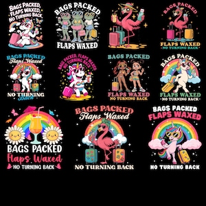 Peut inclure: Plusieurs graphiques colorés sur le thème du voyage sur fond noir. Les motifs présentent des personnages de dessins animés comme des licornes, des flamants roses et des grenouilles avec des bagages, des lunettes de soleil et des boissons, avec le texte "Bags Packed, Flaps Waxed, No Turning Back."
