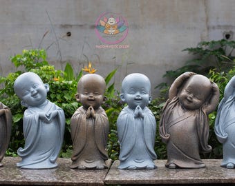 Glücklicher kleiner Mönch Statuen-Set 40 cm | Verbundharz und Steinpulver | Graues Stein-Finish | Zen-Mönch-Figuren für Haus- und Gartendekoration
