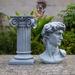 May include: A gray decorative column with an ornate capital and a bust of David. The column is square at the base and has a fluted shaft. The bust is a detailed sculpture of a man's head and shoulders. The text "ROMA HOUSE DECOR" is visible.