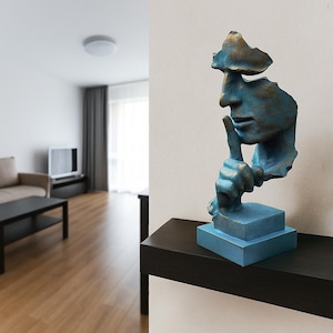 Abstract Silence Face Sculpture: Blue & Gold Resin Modern Art