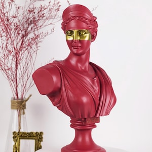 Red Resin Athena Bust Statue: Greek Goddess Sculpture, Gold Detail