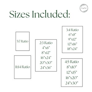 Sizes included: 5:7, 11:14, 2:3 (4x6, 8x12, 16x24, 20x30, 24x36), 3:4 (6x8, 9x12, 12x16, 18x24), and 4:5 (8x10, 12x15, 16x20, 24x30).