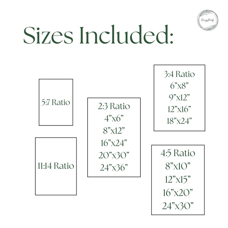 Sizes included: 5:7, 11:14, 2:3 (4x6, 8x12, 16x24, 20x30, 24x36), 3:4 (6x8, 9x12, 12x16, 18x24), and 4:5 (8x10, 12x15, 16x20, 24x30).