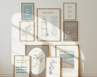 May include: A collection of framed art prints with a coastal theme. The prints feature illustrations of a lighthouse, seashells, starfish, a seahorse, palm tree, and ocean waves. Some prints include inspirational text.