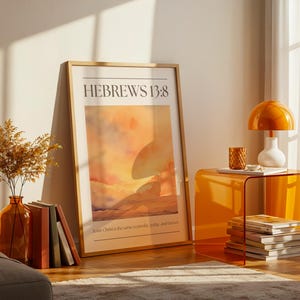 Hebrews 13:8 Christian Wall Art Bible Verse Quote Orange Sky Print Minimalist Faith Inspired Poster, Instant Download