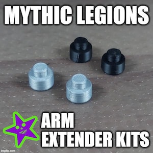 May include: Four small, cylindrical arm extender kits for Mythic Legions action figures. Two are silver, and two are black. The text "MYTHIC LEGIONS" and "ARM EXTENDER KITS" are displayed in white, with a green and purple star graphic.