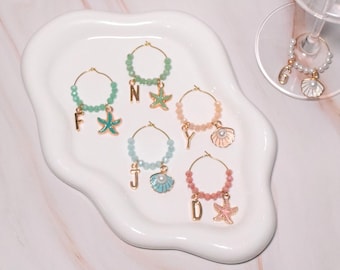 Personalized Initial Drink Charms, Beach Wine Charms, Beach Wedding Favors, Beach Bridal Theme, Coastal Bachelorette Favors, Seashell Charms