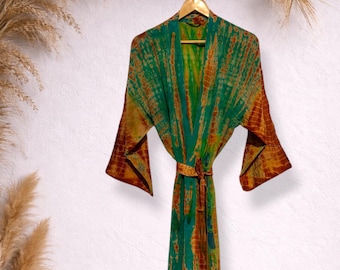 Vintage Silk Kimono Robe – Hand Tie-Dye Loungewear, Belted Dressing Gown