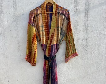 Mustard Yellow Tie Dye Kimono, Handmade Maxi Robe, Hippie Loungewear, Kimono Dress, Resort Wear