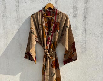 Kimono de seda, tejido sari reciclado, bordado a mano, para mujer