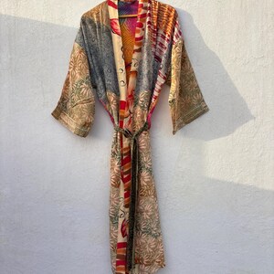 Recycled Silk Sari Kimono Robe – Bohemian Patchwork Kimono Jacket , Vintage Silk Kimono, Dressing Gown , Beach Cover Up